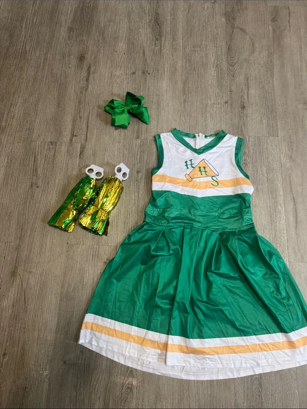 Green Cheerleader Costume Dress with Pom-Poms and Bow - Kids